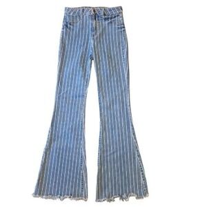 CELLO Women's Sz 3 Blue White Stripe High Rise Flare Jeans Distressed Frayed Hem